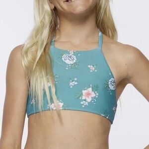 NWT O'Neill Girls Chan Floral High Neck Bikini Swim Top Teal Braided Back Sz 14